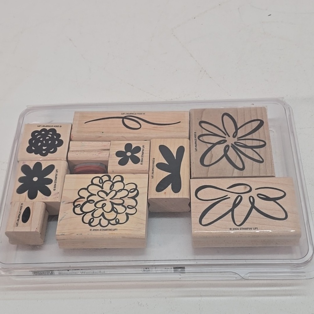 STAMPIN UP BLOOMIN WONDERFUL WOOD MOUNTED 10 RUBBER STAMPS FLOWERS